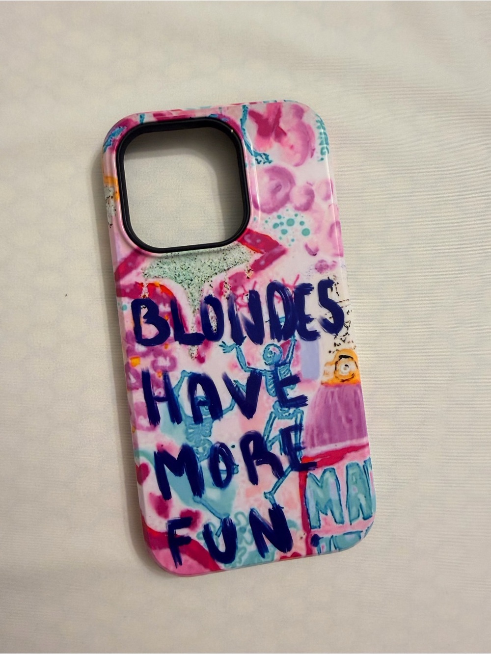 Apple Pink Graphic Phone Case with Blue Lettering iPhone 14 pro